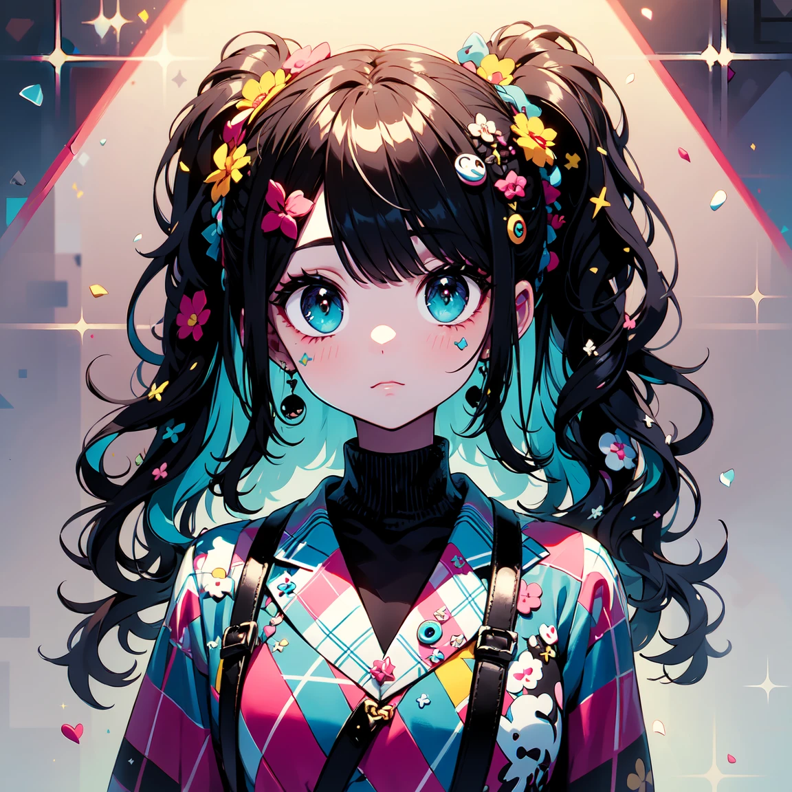 masterpiece, highest quality, Very detailed, Beautiful Shadows, Cinema Lighting, Studio Light, Flowers around, Wavy Hair, Big eyes, Flower pattern on eyes, Pupil shape , cute ,Plaid, Black Hair,Red gradient hair color, Powder Purple Gradient Eyes,Trendy pink and turquoise clothes,pure white cute girl,whole body, Full Shot, Retro, Plenty of accessories,