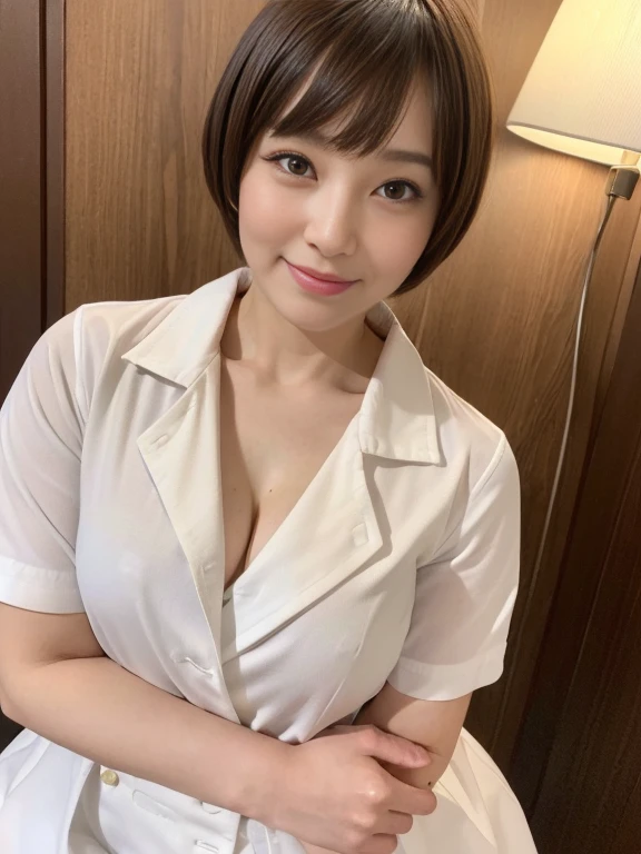 ((Great quality,Great quality,high quality, very beautiful,beautiful, 最high quality, Realistic)) ,(bored),(White nurse uniform, Little White Nurse (cap), White shirt, Open shirt, Clothing that shows the lines of the body,hospital, ),((Light brown hair,blunt bangs, pixie cut, 太くてbeautiful眉,Round eyes)),Detailed body,photograph,3D, texture,, View audience, ((最high quality, Great quality, very beautiful, Absurd))、(Perfect beautiful face 1.2),(smile),Blushed,Heavy breathing,(Perfect and beautiful posture:1.2),(30 year old beautiful Japanese woman),(Mature Woman),(Face with makeup),Flat Chest,Long legs, (Muscular body),(whole bodyに汗をかく:1.2),超高解像度のphotograph,Looking at the camera,(Stand facing forward),(whole body),