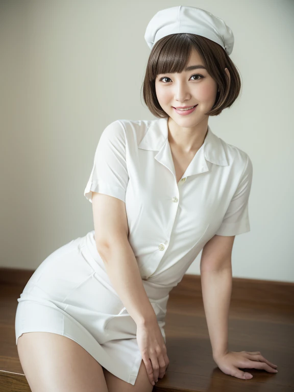 ((Great quality,Great quality,high quality, very beautiful,beautiful, 最high quality, Realistic)) ,(bored),(White nurse uniform, Little White Nurse (cap), White shirt, Open shirt, Clothing that shows the lines of the body,hospital, ),((Light brown hair,blunt bangs, pixie cut, 太くてbeautiful眉,Round eyes)),Detailed body,photograph,3D, texture,, View audience, ((最high quality, Great quality, very beautiful, Absurd))、(Perfect beautiful face 1.2),(smile),Blushed,Heavy breathing,(Perfect and beautiful posture:1.2),(30 year old beautiful Japanese woman),(Mature Woman),(Face with makeup),Flat Chest,Long legs, (Muscular body),(whole bodyに汗をかく:1.2),超高解像度のphotograph,Looking at the camera,(Stand facing forward),(whole body),
