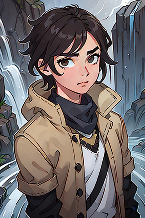 medium full shot portrait, 18-year-old boy, dark brown hair, brother flow style, brow eyes, brown jacket, gray sleeves, black gloves, black pants, beige cap, gray blue scarf, looking at viewer, solo, Waterfall background, rays of light, Digital art