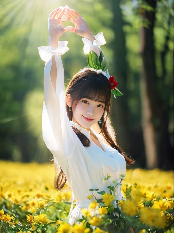 Photo-realistic quality、花畑でPauseをとる女性がいる, Pause(Raise the hand + Happy), Chiho, Portrait of a Japan teenager、 Young Gravure Idol、smile、View the photographer、In the foreground is a yellow flower field、The background is a green forest、Blur the background a lot、Shot with a 200mm lens、Wearing a white blouse、Big ribbon on chest、Slightly larger breastorning Clearance々Shining rays、Flare makes the hands shine、looking at the camera、Anatomically correct hand and finger shapes