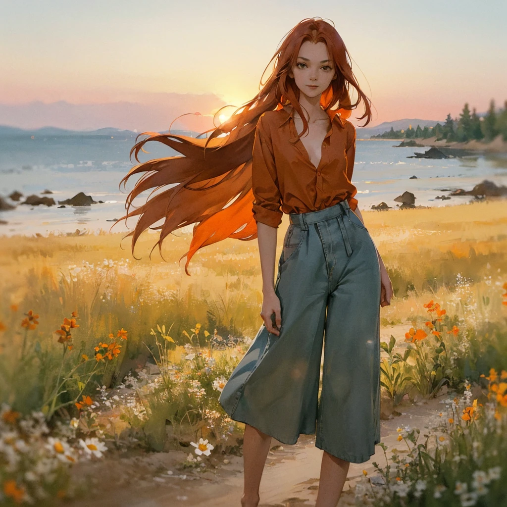 Beautiful slender thin exquisite (nude) girl 16 years old with a perfect face of the southern type with red hair with tender breasts with tender nipples barefoot with bare hips ((with red pubic hairs)) ((in an unbuttoned orange shirt over a naked body and very wide, long, loose, flared culottes)) walks along a brick road in the middle of a flowering field, in a gentle watercolor style, Discreet shades, sfumato, haze, diffused dim light, delicate mint shades, imitation of film photography, sunset lighting, Warm evening shades, warm golden and olive sunset light