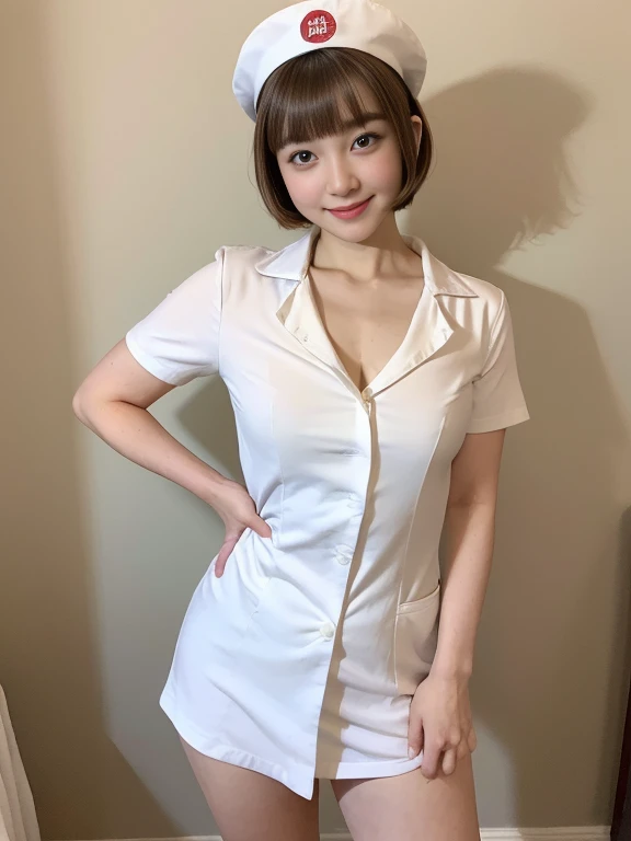 ((Great quality,Great quality,high quality, very beautiful,beautiful, 最high quality, Realistic)) , (fingersmile),(White nurse uniform, Little White Nurse (cap), White shirt, Open shirt, Clothing that shows the lines of the body,hospital, ),((Light brown hair,blunt bangs, pixie cut, 太くてbeautiful眉,Round eyes)),Detailed body,photograph,3D, texture,, View audience, ((最high quality, Great quality, very beautiful, Absurd))、(Perfect beautiful face 1.2),(smile),Blushed,Heavy breathing,(Perfect and beautiful posture:1.2),(30 year old beautiful Japanese woman),(Mature Woman),(Face with makeup),Flat Chest,Long legs, (Muscular body),(whole bodyに汗をかく:1.2),超高解像度のphotograph,Looking at the camera,(Stand facing forward),(whole body),