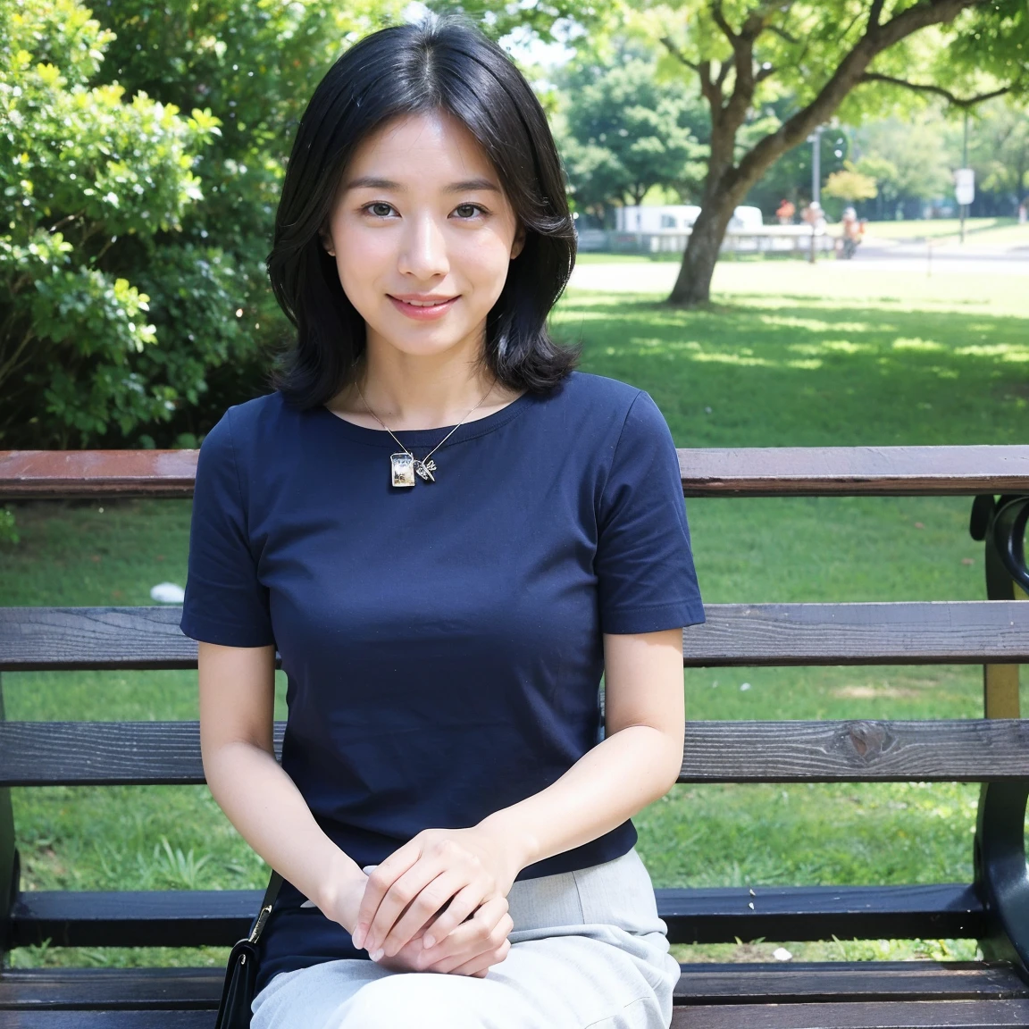 ((highest quality、8k、masterpiece:1.3))、Photorealistic, Sharp focus, high resolution, High resolution, Portraiture, alone, Japanese women, Beautiful woman, Short sleeve blouse、Casual skirt、33 years old, semi-long、sitting on a park bench、Look at this、smile、all、tote bag