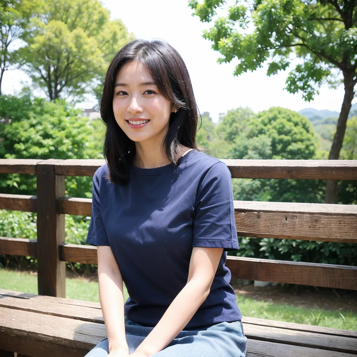 ((highest quality、8k、masterpiece:1.3))、Photorealistic, Sharp focus, high resolution, High resolution, Portraiture, alone, Japanese women, Beautiful woman, Short sleeve blouse、Casual skirt、33 years old, semi-long、sitting on a park bench、Look at this、smile、all、tote bag