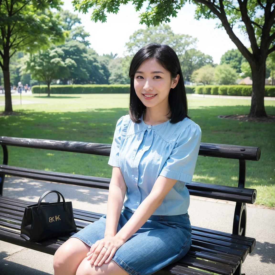 ((highest quality、8k、masterpiece:1.3))、Photorealistic, Sharp focus, high resolution, High resolution, Portraiture, alone, Japanese women, Beautiful woman,  Short sleeve blouse、Casual skirt、33 years old, semi-long、sitting on a park bench、Look at this、smile、all、tote bag