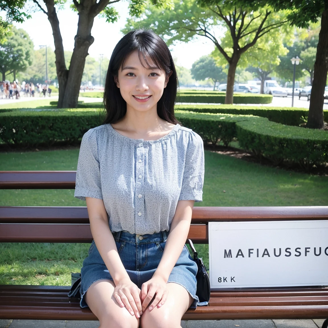((highest quality、8k、masterpiece:1.3))、Photorealistic, Sharp focus, high resolution, High resolution, Portraiture, alone, Japanese women, Beautiful woman,  Short sleeve blouse、Casual skirt、33 years old, semi-long、sitting on a park bench、Look at this、smile、all、tote bag