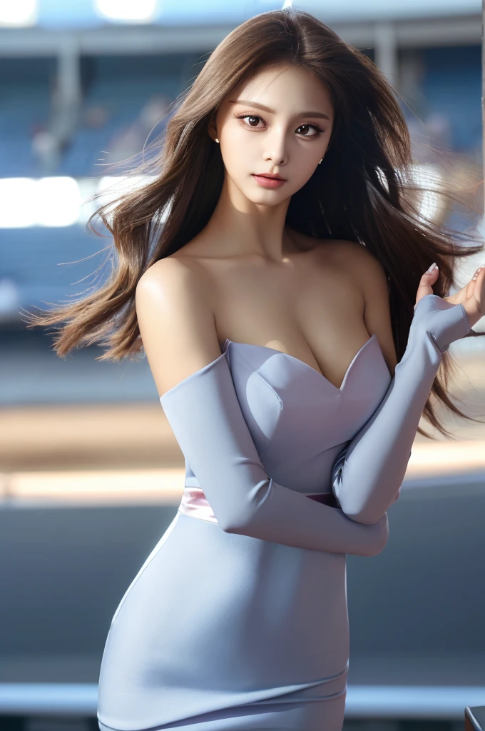Tzuyu 1, woman, (Realistic), (Hyperrealism), (photoRealistic), Depth of written boundary, eye make up:0.7 (whole body:1.2), (Large Bust),(Tight waist), Watching the audience,In the pits at the racing track, Race Queen,  dress with open shoulders and 