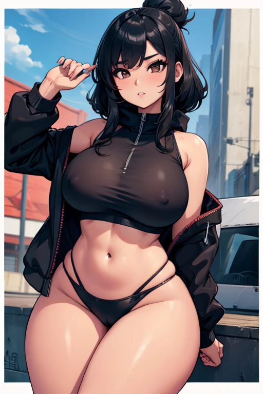 a hot asian girl with big  and wide hips wearing a big black hoodie