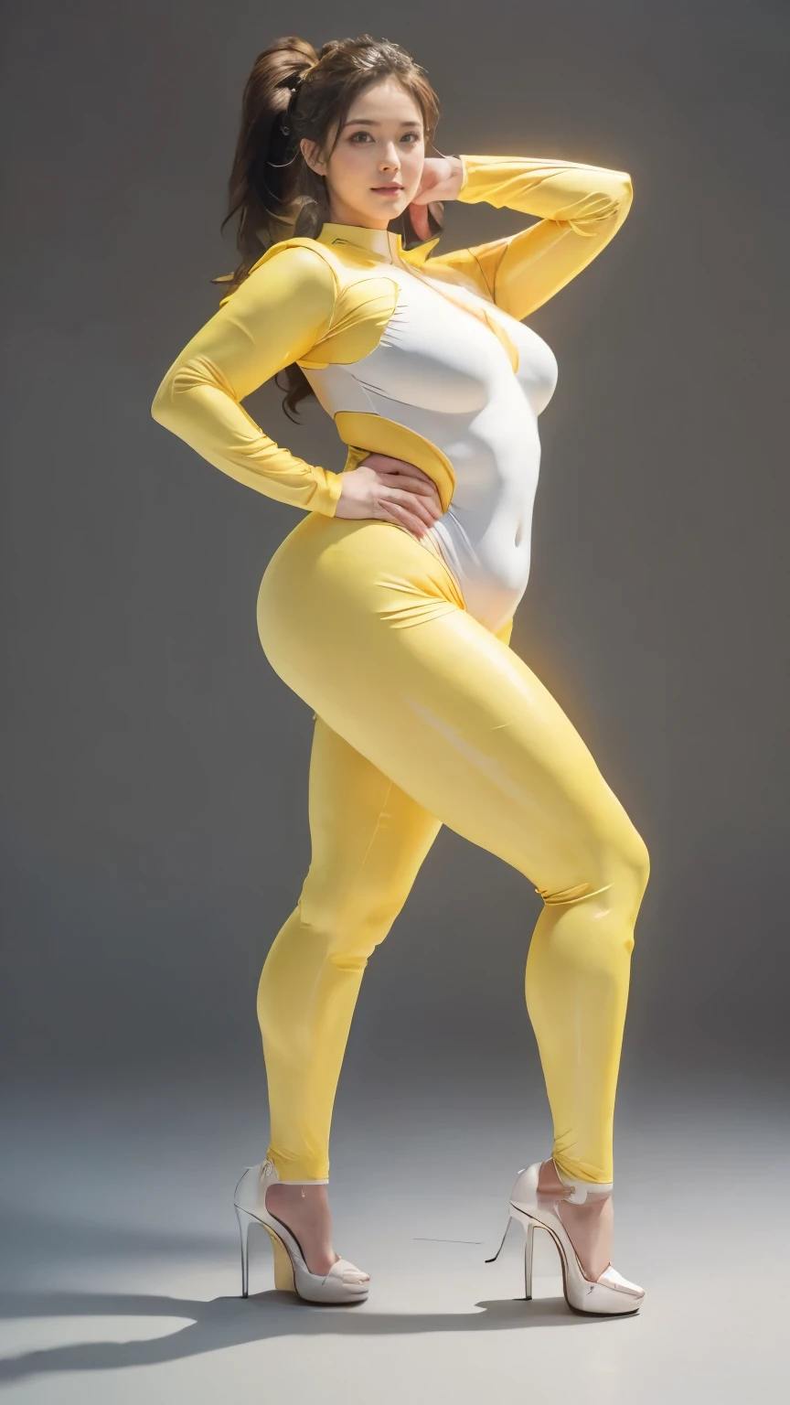 (highest quality、8k、32k、masterpiece、Ultra-high resolution:1.2、Perfect body beauty:1.2、Wearing a futuristic hero suit that glows pale yellow and white:1.5、Cute 25 year old White woman、Big and ample breasts:1.5、Upper Body、front、Simple Background、Looking at the audience、Dynamic pose:1.8、sunlight、nswf:1.5 ((Light yellow rubber suit)),((Huge slack)),((heavy body)),((Wide Hips)),((Thick body)),((Fat belly)),((Fat girl)),((Chubby)),((Big Size)),((White woman)),((Brown Hair)),((short hair)),((blue eyes)),((Full body portrait))、Long socks、I can't see my bare skin、High heels、Full body portrait、ponytail、Simple Background、Full body portrait、Full body portrait、High heels、Stand with your feet shoulder-width apart、One Woman、