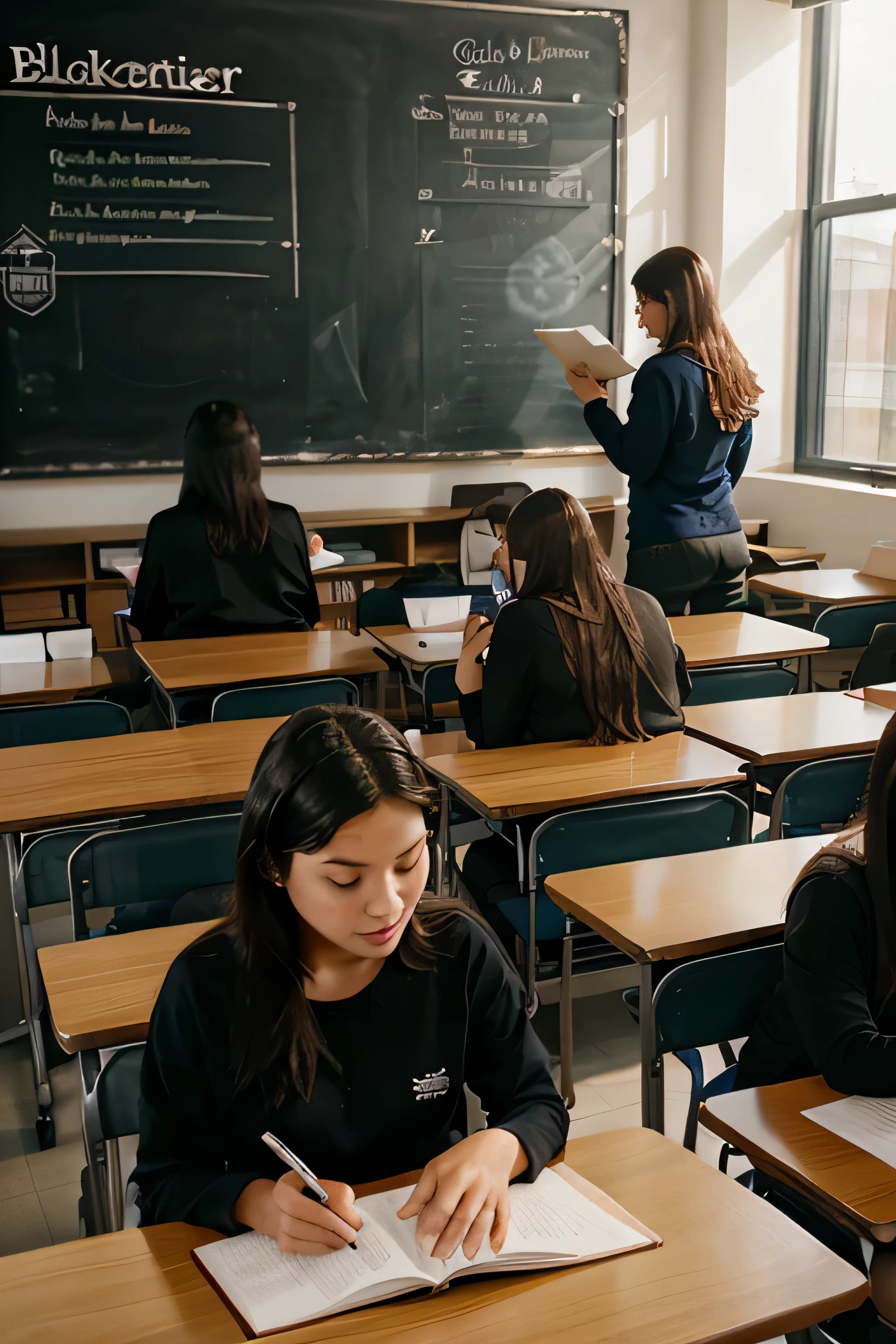 (best quality, UHD:1.2), a classroom filled with students studying, holding books, multiple chairs, students sitting, a teacher lecturing at the blackboard, realistic