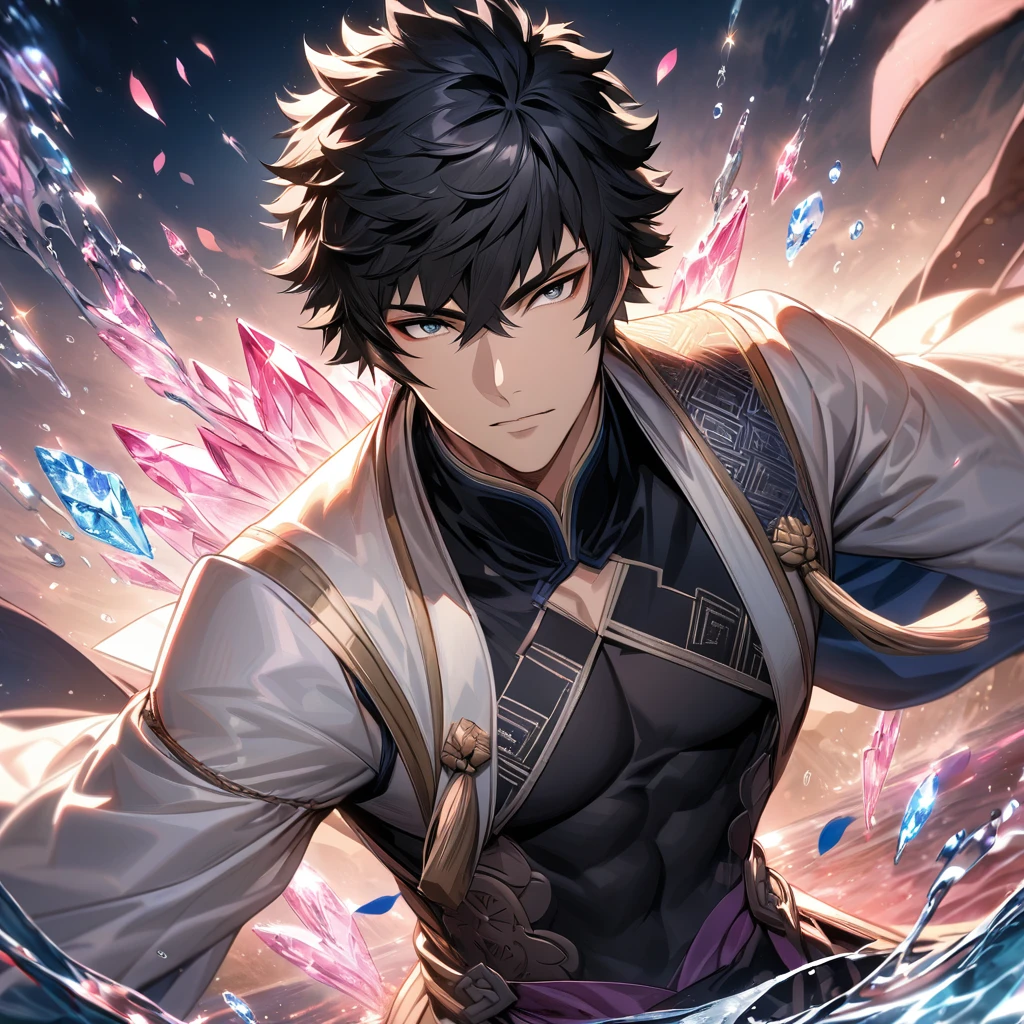 Ultra detailed, Highres, absurdres, HDR, master piece, lon'qu, black hair, expressive silver eyes, extremely handsome, Fire Emblem Awakening, sexy man, solo, extremely detailed eyes and face, white long coat with patterns, pink ice, toned chest, glittering, black tight shirt, water, pink ice flowers, petals,