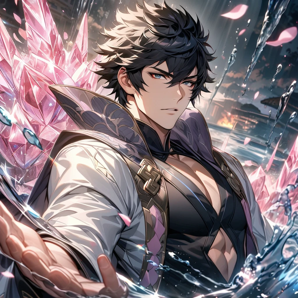 Ultra detailed, Highres, absurdres, HDR, master piece, lon'qu, black hair, expressive silver eyes, extremely handsome, Fire Emblem Awakening, sexy man, solo, extremely detailed eyes and face, white long coat with patterns, pink ice, toned chest, glittering, black tight shirt, water, pink ice flowers, petals,