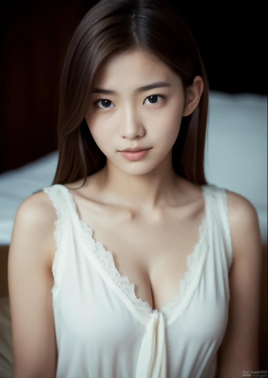 Beautiful  Japanese woman。 she is wearing a sleeveless blouse. She looks ecstatic as if she had an orgasm during fuck on the bed。her dark brown hair. High resolution、masterpiece、highest quality、頭w:1.0、((Hasselblad Photos))、fine skin、(movie lighting)、clavicle . full body picture.