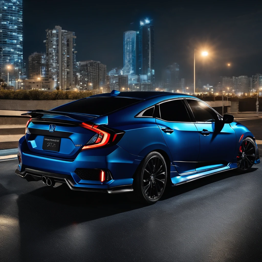 1car, Honda civic, blue colour cover set, full car, black mirror, at night background, zoom out buildings, lights,