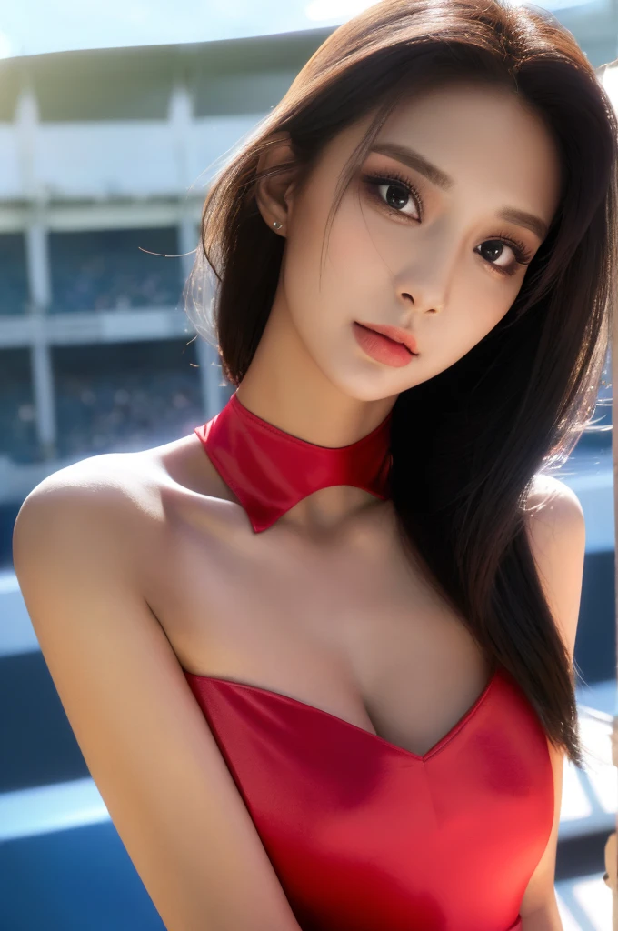 Tzuyu 1, woman, (Realistic), (Hyperrealism), (photoRealistic), Depth of written boundary, eye make up:0.7 (whole body:1.2), (Large Bust),(Tight waist), Watching the audience,In the pits at the racing track, Race Queen, Sexy dress with open shoulders and chest