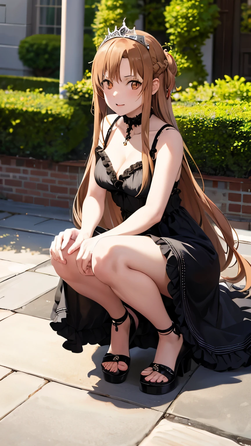 anime, highly detailed face, highly detailed eyes, highly detailed background, perfect lighting, full body, 1girl, solo, Asuna Yuuki, formal, indoors, black dress, cleavage, tiara, jewelry, hair bun, frilled skirt, see-through, bare legs, long light brown hair, absurdres, high res, ultrasharp, 8K, masterpiece, looking at viewer