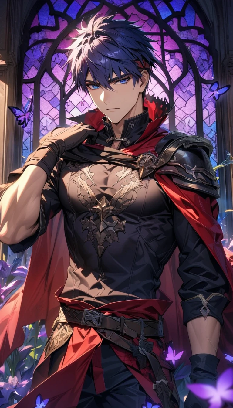 absurdres, highres, ultra detailed, HDR, master piece, best quality, Ike, dark blue hair, expressive blue eyes, Fire Emblem, solo, sexy man, handsome, red cape, black tight shirt, black gloves, patterns, toned chest, glass stained window, purple shining butterflies, purple lilies, purple petals, water