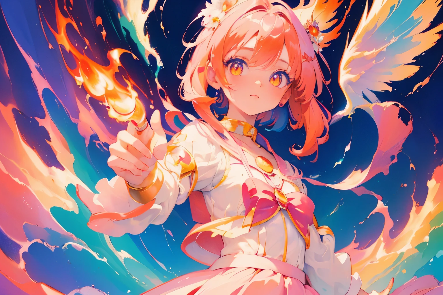 Top quality, magical girl, small flame coming out from her right hand pointing upwards, colorful atmosphere, pop atmosphere
