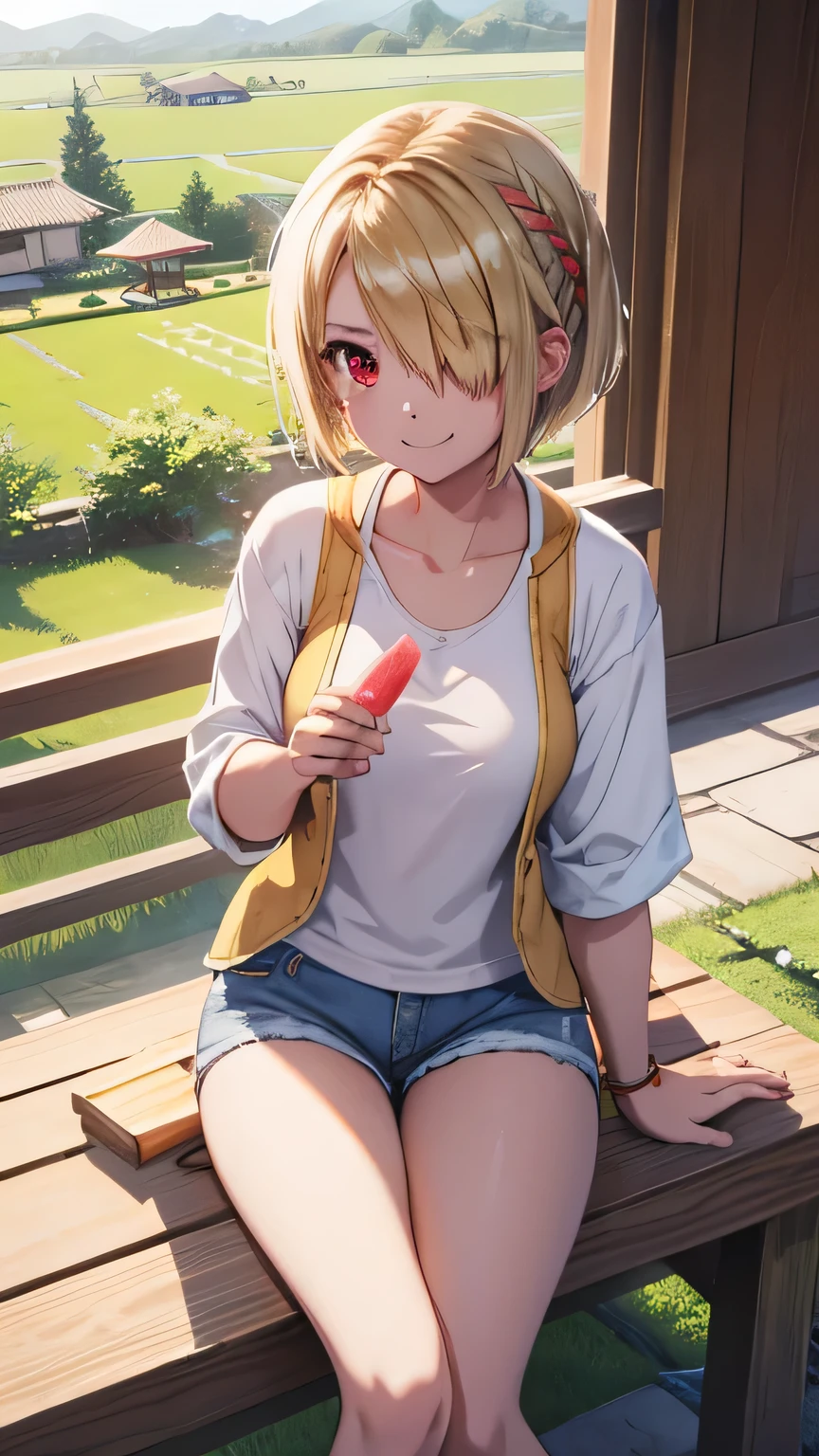CG, Unity, 8k, wallpaper, highest quality, masterpiece,Mao Sen Moon Song, (smile: 1.2), Sit on the veranda, Yellow Camisole BREAK Denim Shorts, barefoot, Thighs, Best lighting, Complex weaving, Detailed Background, Japanese countryside scenery, She holds a popsicle in her hand and points it at the viewer.,Barrette、(((Hair on one eye)))、Red eyes、
