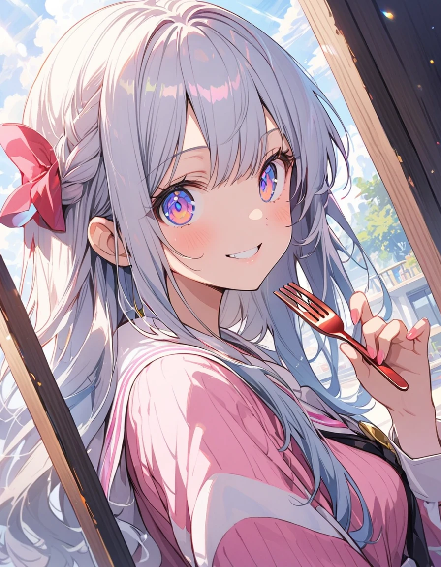 (1 girl)、(Eating spaghetti Napolitana skillfully using a fork)、(Extremely detailed Neapolitan)、Inside the cafe at noon、Smiling、(highest quality、masterpiece、High resolution、detailed)、animeスタイル、Flat Style、(iridescent eyes,Beautiful Face),extremely detailed、floating, (High saturation), Sunshine from the window, (Shine), Focus on Neapolitan, Dynamic Angle、anime