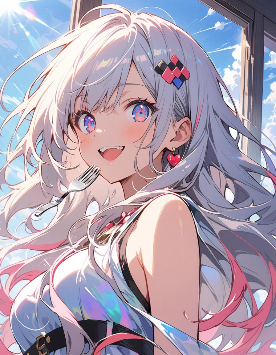 (1 girl)、(Eating spaghetti Napolitana skillfully using a fork)、(Extremely detailed Neapolitan)、Inside the cafe at noon、Smiling、(highest quality、masterpiece、High resolution、detailed)、animeスタイル、Flat Style、(iridescent eyes,Beautiful Face),extremely detailed、floating, (High saturation), Sunshine from the window, (Shine), Focus on Neapolitan, Dynamic Angle、anime