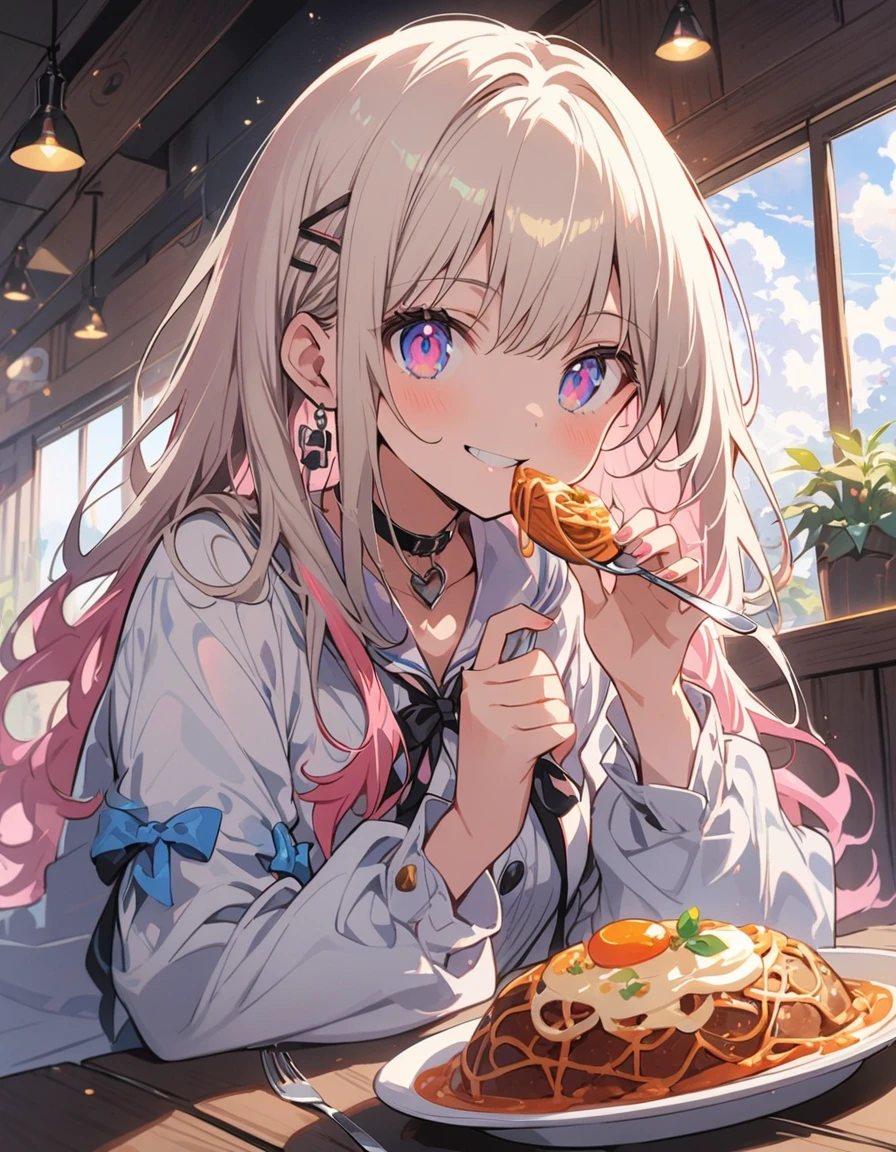 (1 girl)、(Eating spaghetti Napolitana skillfully using a fork)、(Extremely detailed Neapolitan)、Inside the cafe at noon、Smiling、(highest quality、masterpiece、High resolution、detailed)、animeスタイル、Flat Style、(iridescent eyes,Beautiful Face),extremely detailed、floating, (High saturation), Sunshine from the window, (Shine), Focus on Neapolitan, Dynamic Angle、anime