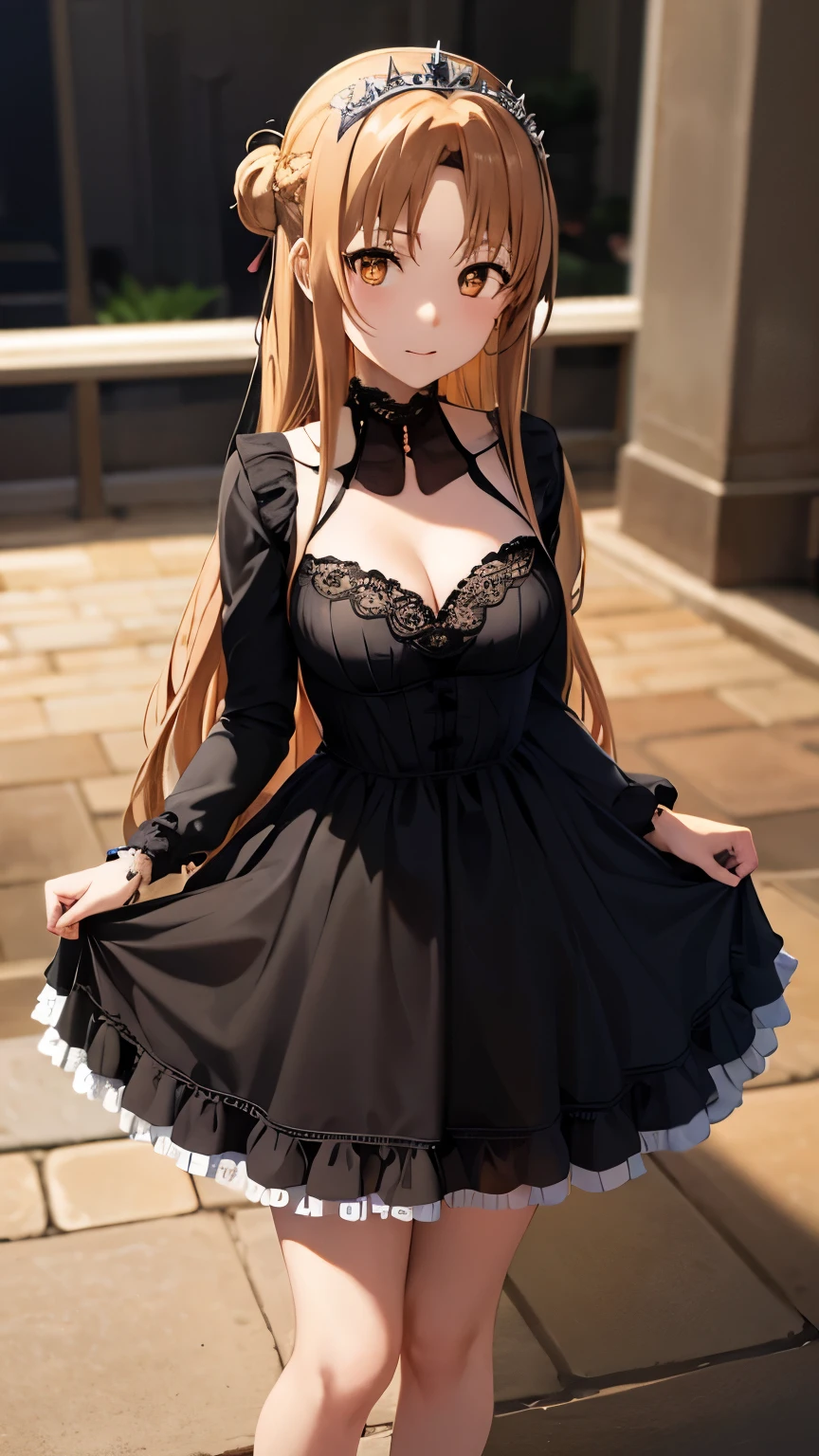 anime, highly detailed face, highly detailed eyes, highly detailed background, perfect lighting, full body, 1girl, solo, Asuna Yuuki, formal, indoors, black dress, cleavage, tiara, jewelry, hair bun, frilled skirt, see-through, bare legs, long light brown hair, absurdres, high res, ultrasharp, 8K, masterpiece, looking at viewer