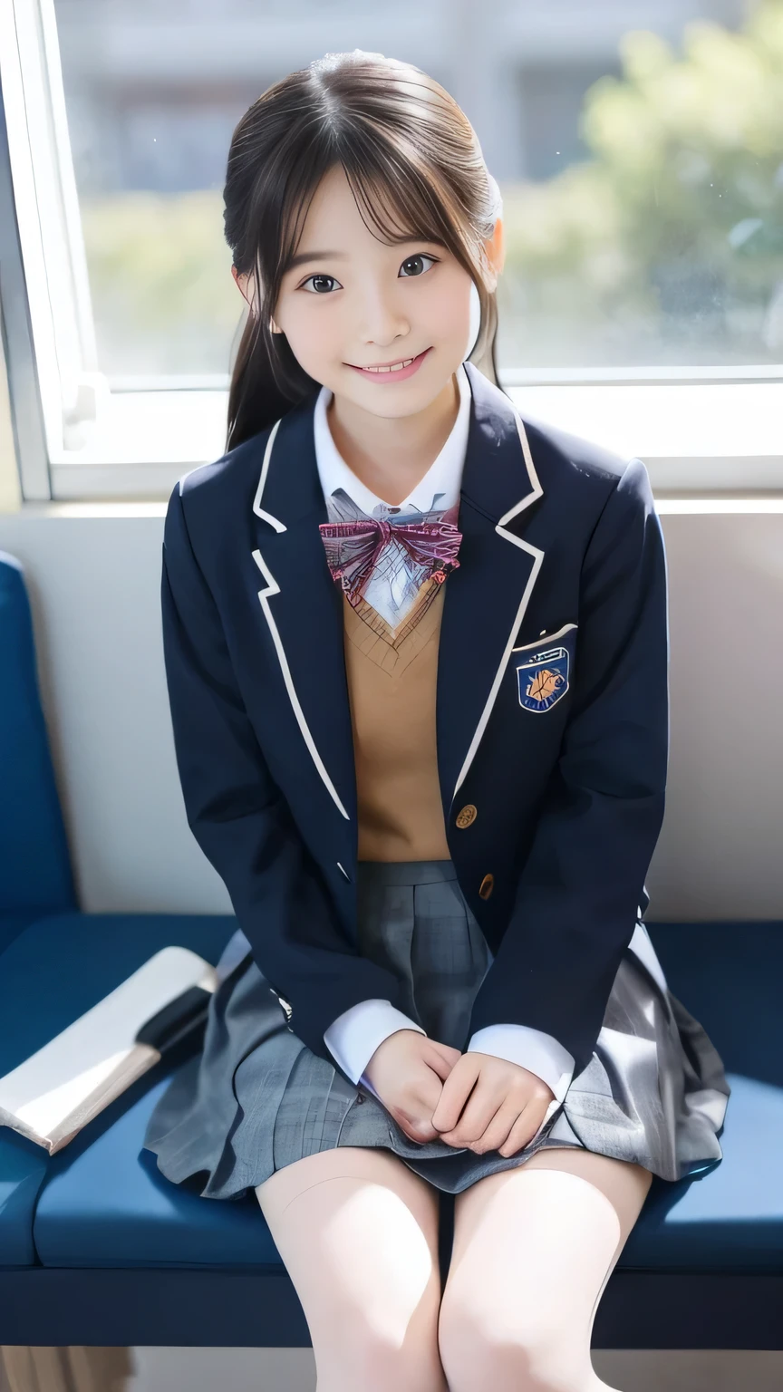 Super quality、8k、Pieces fly、(RAW Photos:1.4)、High resolution、((Xu々A composition that moves away from the subject))、((Full body photo from face to ankles))、((Perfect Anatomy))、Lean forward and place your hands on your knees、1 female 、Detailed skin、Glowing Skin、Baby Face、doid、eyes with long eyelashes、Small face、smile、Open your mouth、Clean hairstyles、School corridor、Staring out the window、The windows provide natural light、Dreaming、School scene in Japan、I have a textbook、middle School girl、Blchool bag on shoulder、、Slender and delicate body、Small breasts、A blazer uniform with green lines、girl 、Checked skirt、healthy、young woman、black tights、black tights、Black knee-high socks、Brown loafers、loafers、Full Body Shot、Clean hairstyles、Accentuates the lines of very slim legs