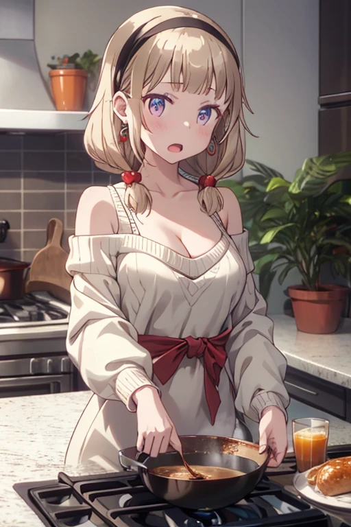 masterpiece, yor, 1girl, Amazing Cleavage:1.3, thin waist, big ass, Raised sexy, medium breast: 1.8 posed cleavage:1.2、solo, looking at viewer, open mouth, have a cup of coffee,black hair, red eyes, dress, bare shoulders, jewelry, collarbone, sidelocks, hairband, earrings, indoors, off shoulder, :o, sweater, arms behind back, plant, short hair with long locks, white hairband, off-shoulder dress, sweater dress, off-shoulder sweater, red sweater, big side hair, very long side hair,is rendered in (masterpiece: 1.2, best quality), with (ultra high resolution) and an exquisite (depth of field). This masterpiece is not only visually stunning but also tells,A scene of cooking in the kitchen
