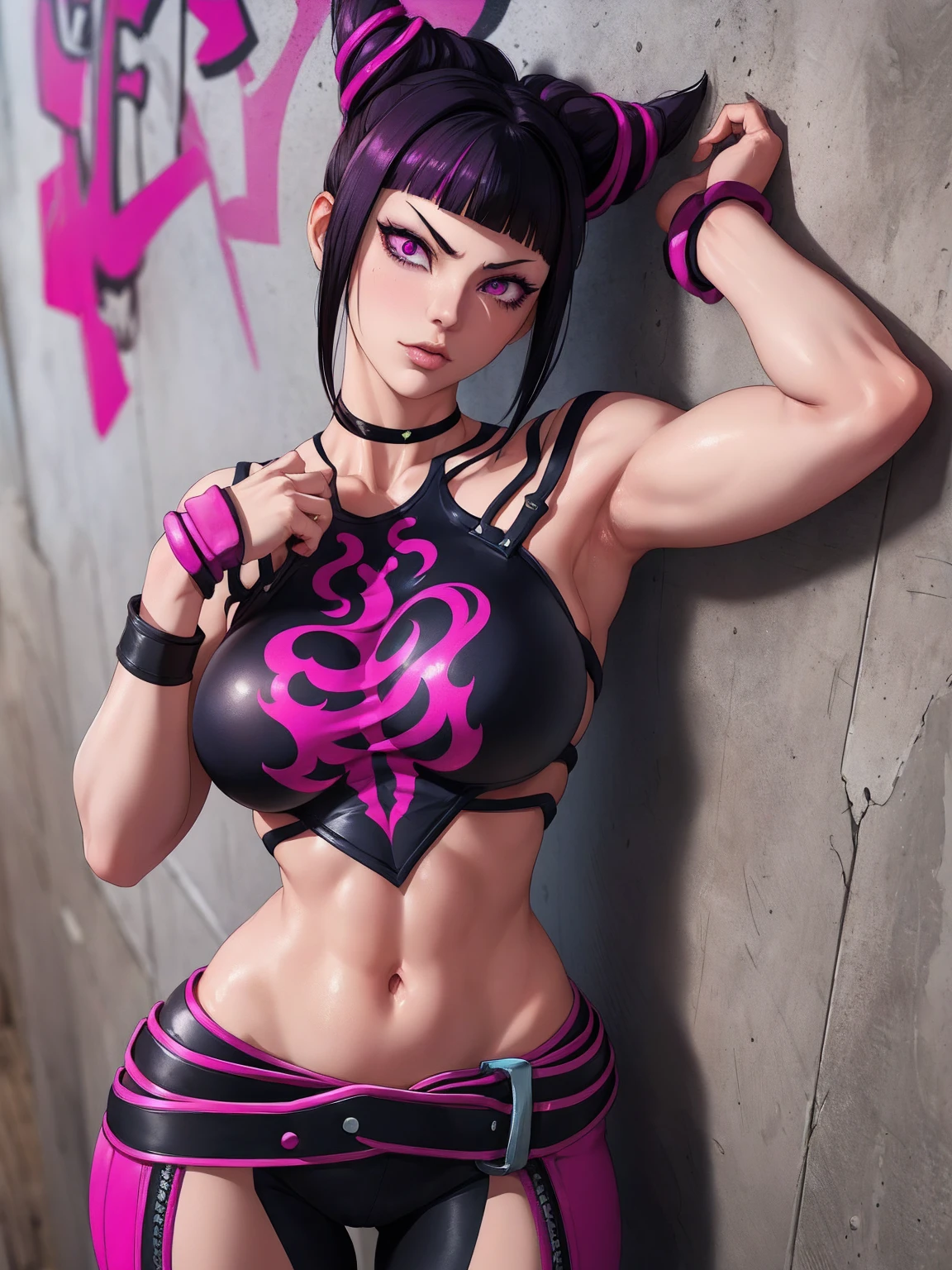 { - anatomy error} (Masterpiece - Ultra-detailed, very high resolution)Juri Han,Masterpiece, Best Quality, 1girl, report, crop-top, jean shorts, Choker, (graffiti:1.aint splatter, (Hands Behind Your Back), Against a wall, looking a viewer, A bracelet, thigh strap, Paint on the body, tilt of head, bored, fiery hair color, magenta eyes, juri han ,rosto yandere,brava
