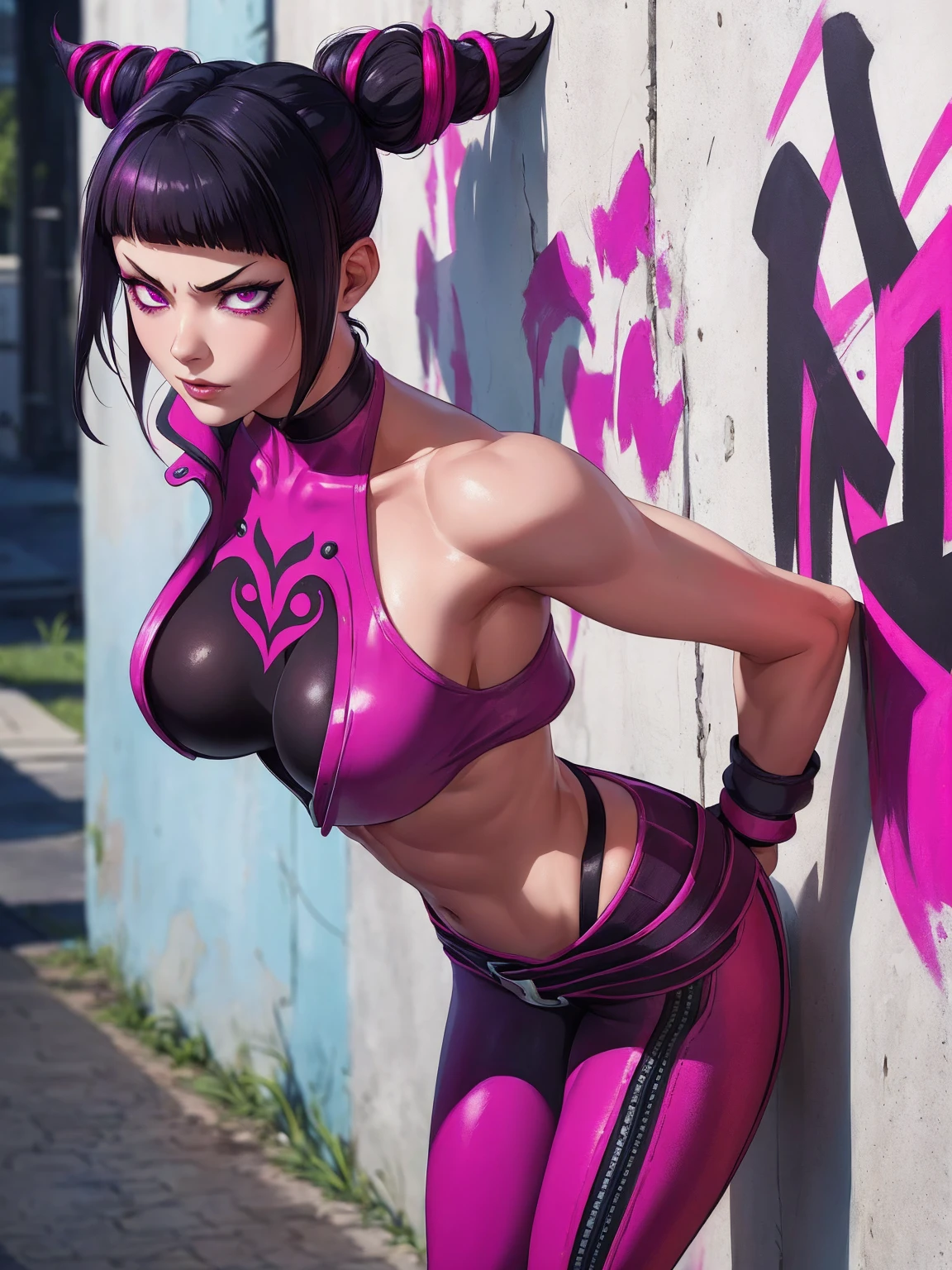 Juri Han,Masterpiece, Best Quality, 1girl, report, crop-top,sexy yoga pants short, Choker, (graffiti:1.aint splatter, (Hands Behind Your Back), Against a wall, looking a viewer, A bracelet, thigh strap, Paint on the body, tilt of head, bored, fiery hair color, Rainbow-colored eyes,juri han,rosto yandere,brava,sport bra,cleavage,Nipple tip, cameltoe
