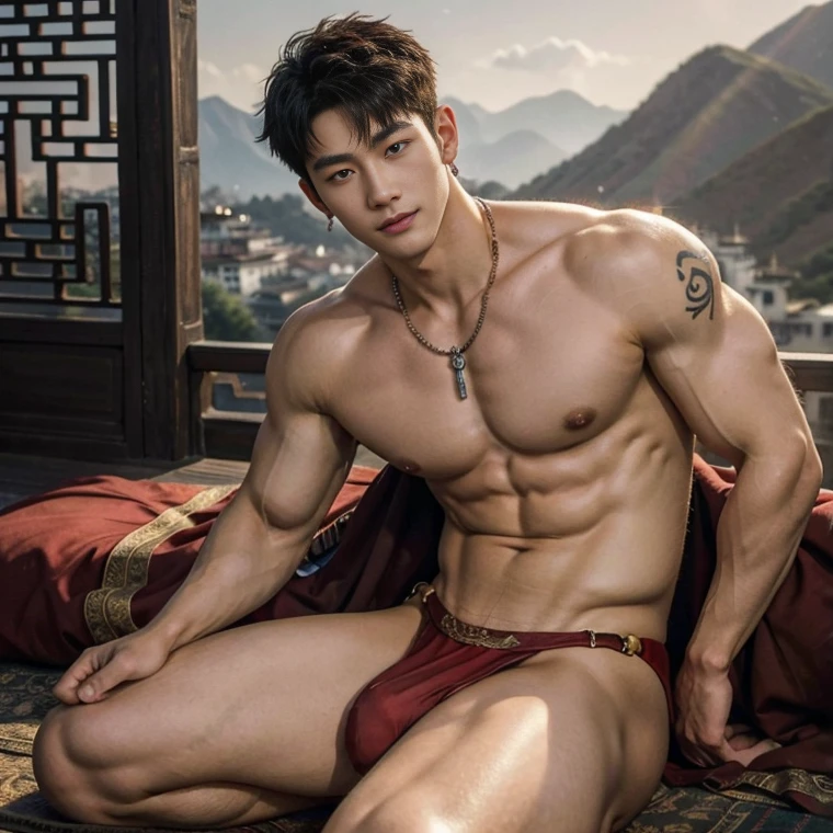 handsome boy tibetan , naked, smiling, catching eyes , Chinese Men God, Mythology, realistic, Chinese odyssy, super Handsome,manly, kpop idol, handsome korean actor, 20 years old,, detailed face, manly jawline, manly chin, detailed mess curly styling hair, Topless, Muscles, big chest Athlete body, Full Frame,full body shoots, Sexy, realistic, human skin, tattoo breast, Professional studio Lighting, long red tibetan Outfit, jade and golden pendent all over , detailed jewery in dress, earings,Chinese ancient tibetan temple Background,out door, super detailed background,look at camera , open mouth,naked, sexy loincloth Underwear, super long big dick , perfect flawless dick, big bulge, tibetan Warrior, Hanfu red wedding dress, tibetan Male, tibet Nobel, Seduce , bare chest , tattoo chest, tattoo arms, tattoo hands, tattoo back, tattoo legs , detailed buddism tattoos,show the bulge, big juicy butts, bare butts, legs open in M shape