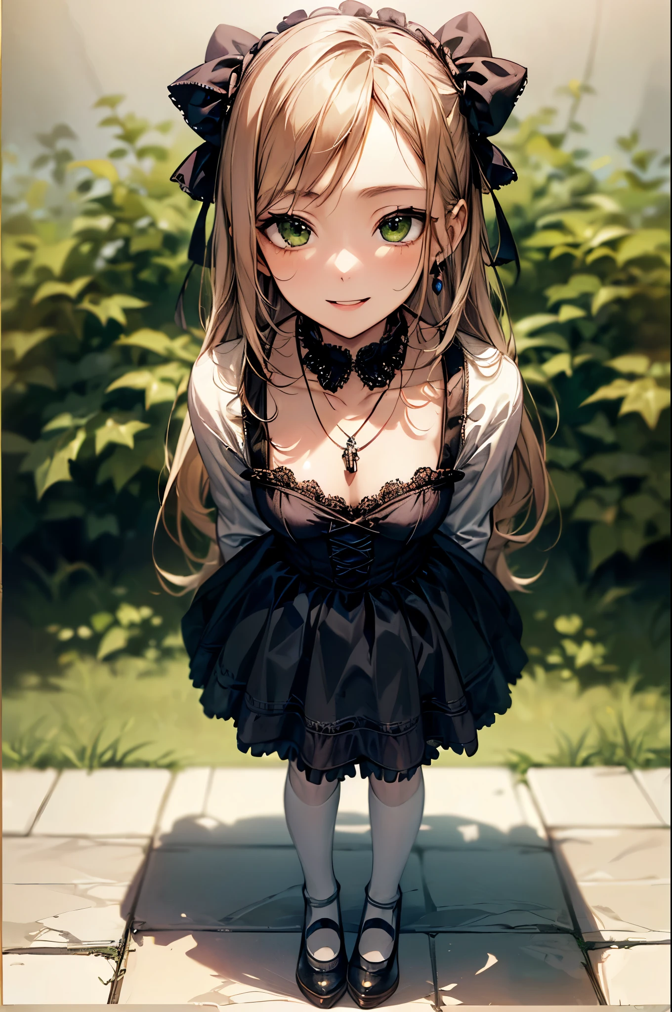 ((Biologically correct number of limbs))、(( Full body photo including face))、4K、((Standing posture))、Masterpiece、((focus on the face))、((Symmetrical facial features))、Eyes with detailed description、Beautiful woman、Outstanding style、Slender Body、(stockings、High heels)、Detailed depiction of faces、Small earrings、necklace、((White Gothic Lolita、Gothic Lolita))、Fresh green park、tie、(((White oak、White border photo)))、High angle、(smile、Shy expression)、