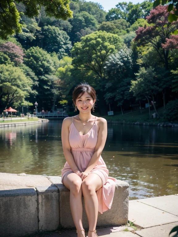 (RAW Photos:1.2), (Realistic:1.4),Beautiful detailed woman,非常にFine grainと顔, Fine grain, Very detailed,High resolution, Very detailed,highest quality,Awareness-raising,Unified,8k wallpaper,masterpiece,highest quality,1 female,alone,rich,Whole Body Ezbian,（A little chubby),Toned figure,;leg meat,Narrow waist,alone,（Pink one piece dress,High heels）,jewelry necklace short hair,A kind smile,A dignified atmosphere,black eye,Realistic,Central Park , (Morning Park:1.1)
