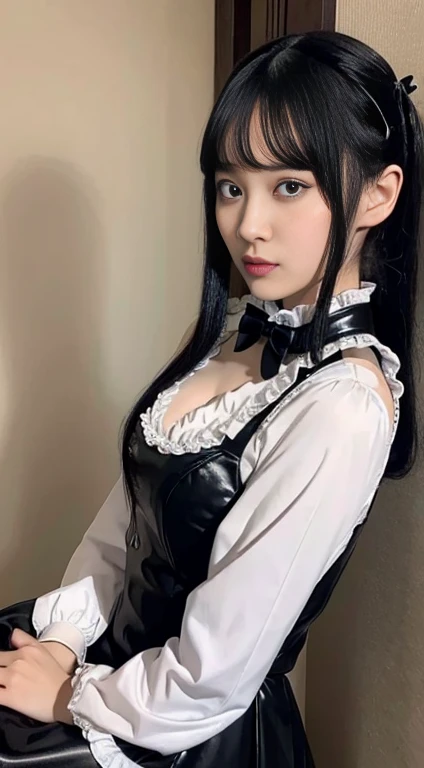 Girl in maid outfit, Gothic ta Fashion, Leather collar around the neck, black collar, Black chain extending from collar, Black Stockings, garter belt, In a dress, Anime girl in maid outfit, Gothic maiden anime girl, Anime girl in a black dress, Moe art style of anime, Kushat Klentsky Feminine Art, Noir, Beautiful and detailed anime art, Tear from Overlord