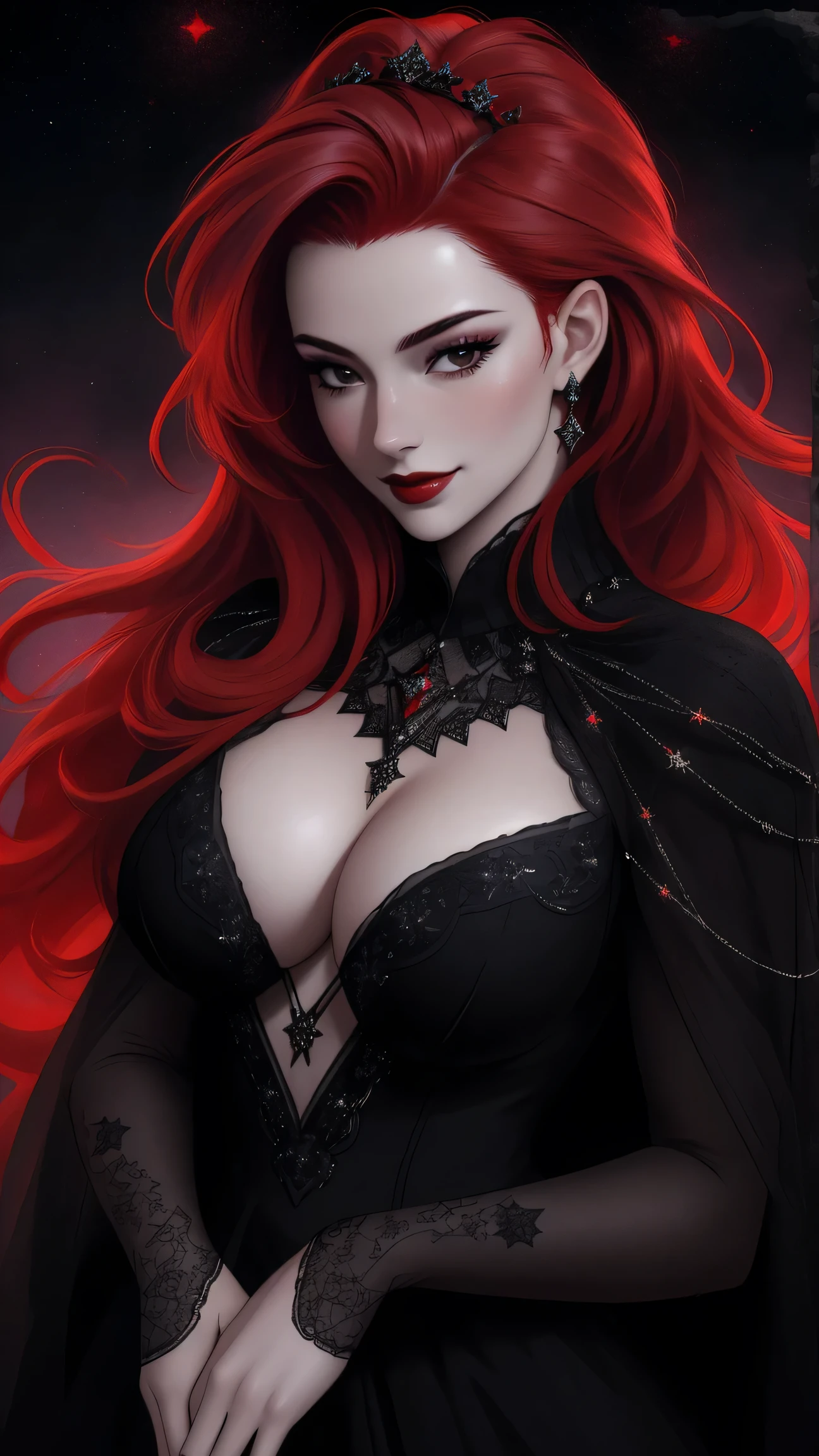 (Masterpiece - Ultra-Detailed, High Resolution) ((vivid red hair)), mature woman, 30 years old, diamond face, red starry sky background, depth of field, magic, big red lips, ((dark and black eyes)) black and red long and full dress, covered chest, mystical atmosphere, ominous shadows, Intense blue aura, Intense red aura (best quality:1.2), absurdres, intricate details, (highly detailed skin:1.2), smile expression, posing, taut and well defined body, attractive. Highly realistic, pale skin, beautiful, hyperrealism, skin very elaborated, direct gaze
