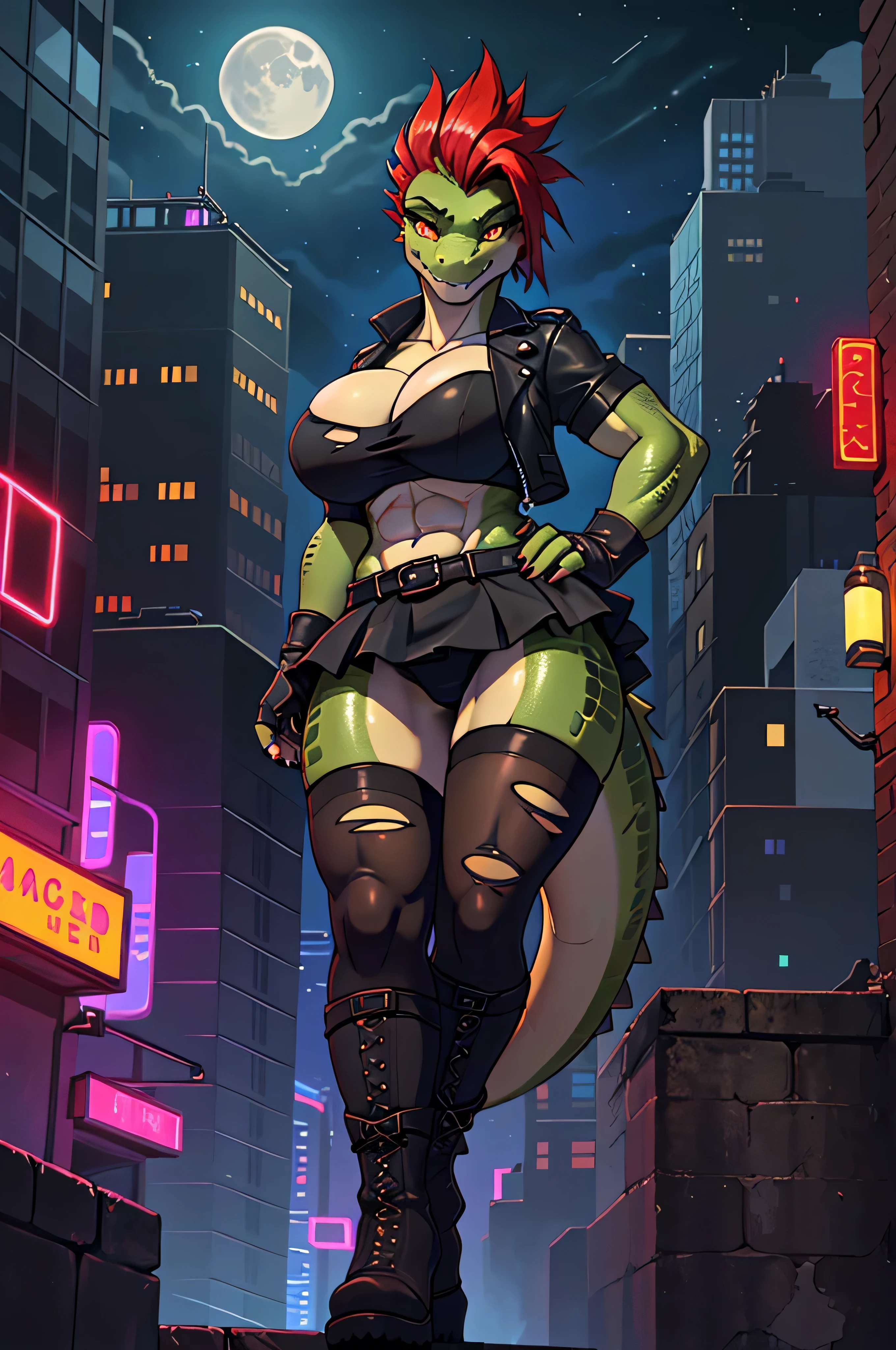 masterpiece, highest quality, highly detailed, HDR+, 8k, scalie female anthro, adult, (full body), ((green scalie body)), ((crocodile woman)), hourglass figure, (yellow underbelly), lizard_snout, muscular, wide hips, slanted hips, (muscular thighs), (defined abs), (perky_breasts), ((large_breasts)), cleavage, (red undercut), red mohawk, spiky tail, dynamic_angle, line_of_action, looking at viewer, (raised_leg), ((foot on ledge)), serious_stare, scowl, sharp teeth, well drawn face, orange eyes, glowing eyes, beautiful eyes, (short sleeves), biker jacket, ((black miniskirt)), (upskirt), ((panties)), black bikini top, torn stockings, tattered stockings, thigh high stockings, boots, ((fingerless gloves)), leather belt, 1 female, solo, night, neon blue signs, tall buildings, skyscrapers, yellow streetlight, city backdrop, street, cars, moon