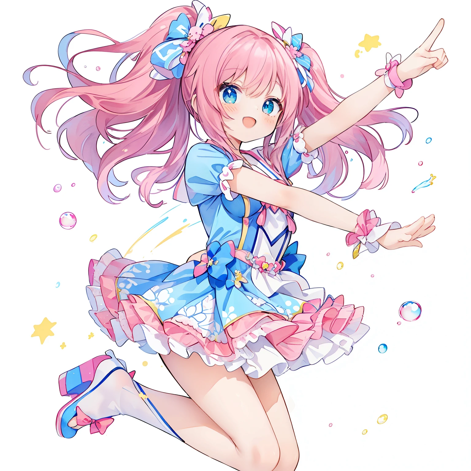 Large Breasts：1.3，anime girl in a blue dress jumping with her arms outstretched,Tawawa Idol、Pastel watercolor anime、ジャンピング💕キャッチ official artwork, sayori, marin kitagawa fanart, anime moe artstyle, idolmaster, anime visual of a cute girl, kawaii playful pose of a dancer, official art, , pose(arms up + happy), anime best girl, splash art anime , (anime girl)