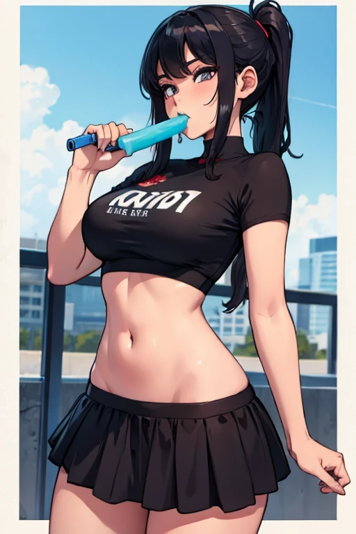 a hot asian girl with big wearing a black tiny skirt eating a popsicle