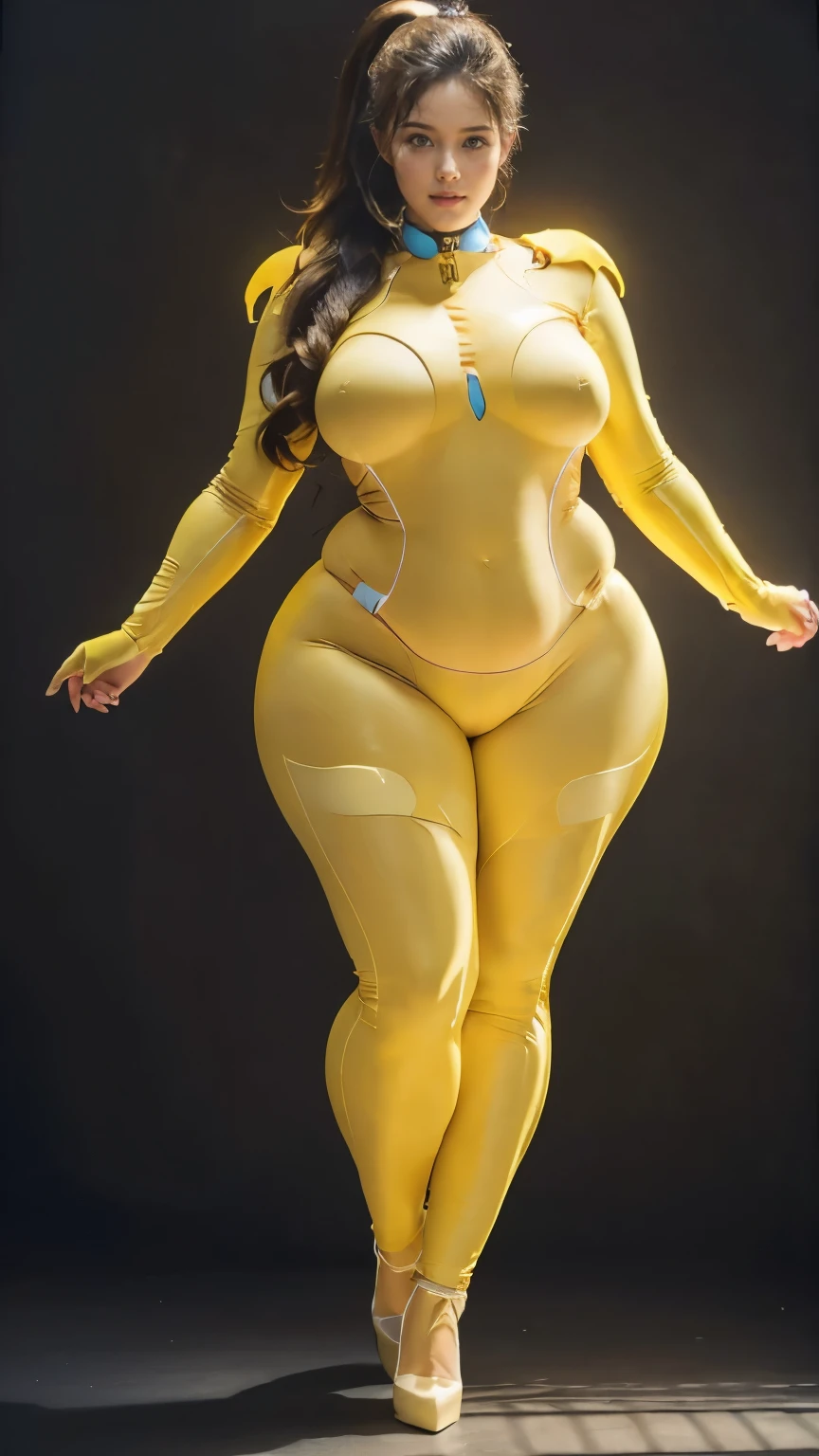 (highest quality、8k、32k、masterpiece、Ultra-high resolution:1.2、Perfect body beauty:1.2、Wearing a futuristic hero suit that glows pale yellow and white:1.5、Cute 25 year old White woman、Big and ample breasts:1.5、Upper Body、front、Simple Background、Looking at the audience、Dynamic pose:1.8、sunlight、nswf:1.5 ((Light yellow rubber suit)),((Huge slack)),((heavy body)),((Wide Hips)),((Thick body)),((Fat belly)),((Fat girl)),((Chubby)),((Big Size)),((White woman)),((Brown Hair)),((short hair)),((blue eyes)),((Full body portrait))、Long socks、I can't see my bare skin、High heels、Full body portrait、ponytail、Simple Background、Full body portrait、Full body portrait、High heels、Stand with your feet shoulder-width apart、One Woman、