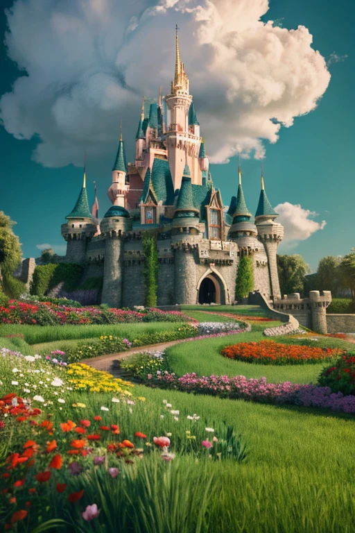 Spectacular CG matte painting, A broad perspective, Pale green clouds, Disney Castle, A flowering garden above the clouds, A few drops of water falling from a cloud, Pale green sea of roses, HD Images, Unreal Engine, ArtStation 4k HD Trends