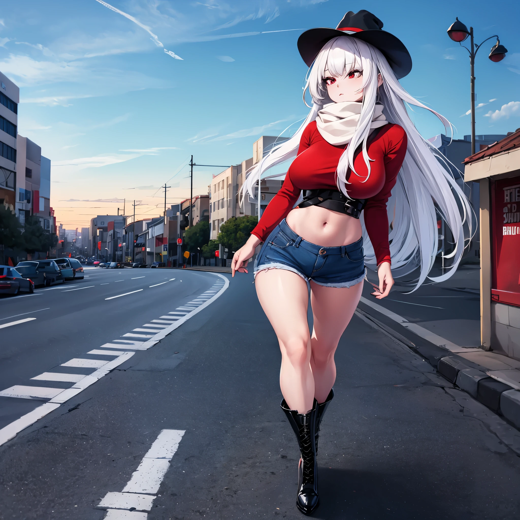 A woman wearing a casual red shirt, short black denim shorts, black boots, long white hair, casual black hat, exposed thigh, full body, red eyes walking on a sidewalk overlooking Hollywood, blue sky with clouds,(solo woman), HDR, ultra resolution, sharp, masterpiece, 8K HD
