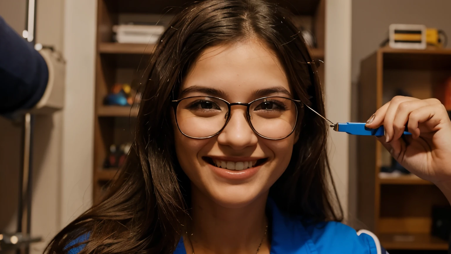 Mujer con gafas, jugador valorant, linda sonrisa ligeramente nerd