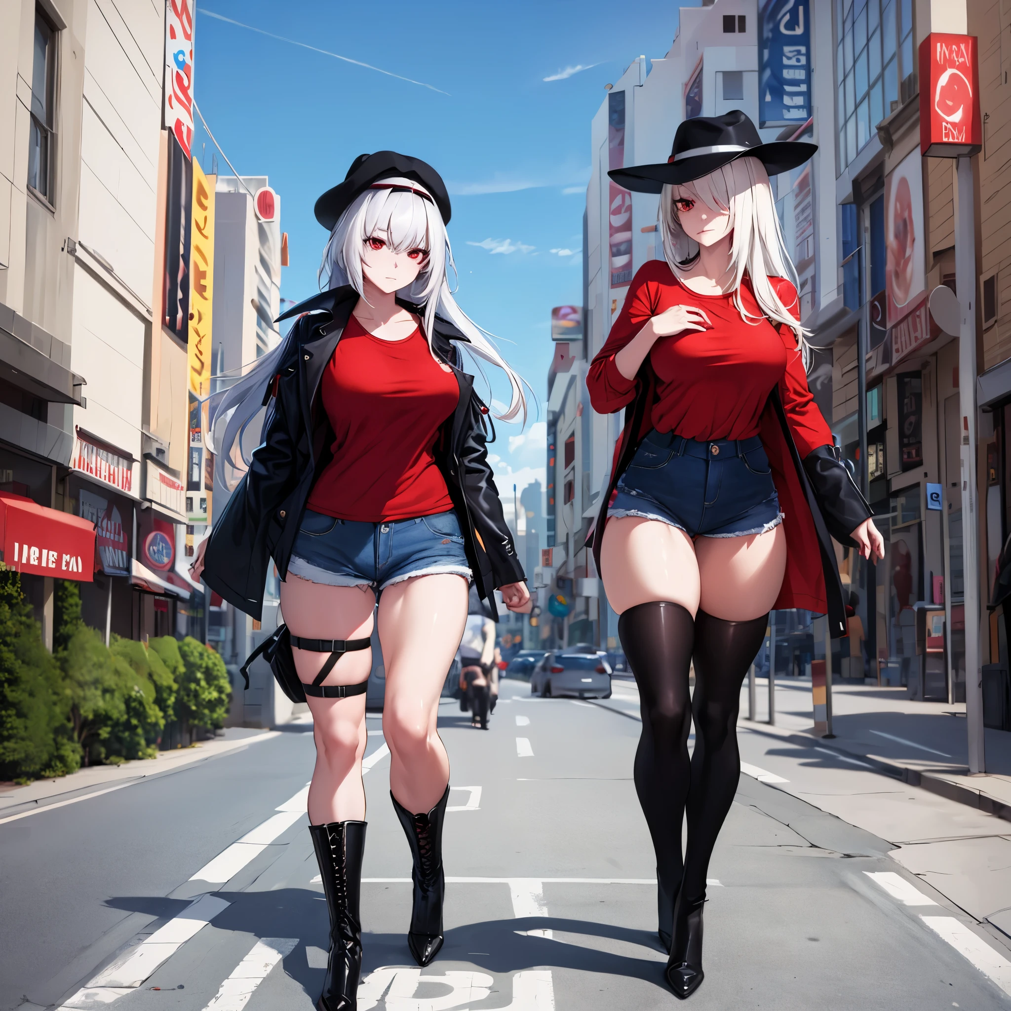 A woman wearing a casual red shirt, short black denim shorts, black boots, long white hair, casual black hat, exposed thigh, full body, red eyes walking on a sidewalk overlooking Hollywood, blue sky with clouds,(solo woman), HDR, ultra resolution, sharp, masterpiece, 8K HD
