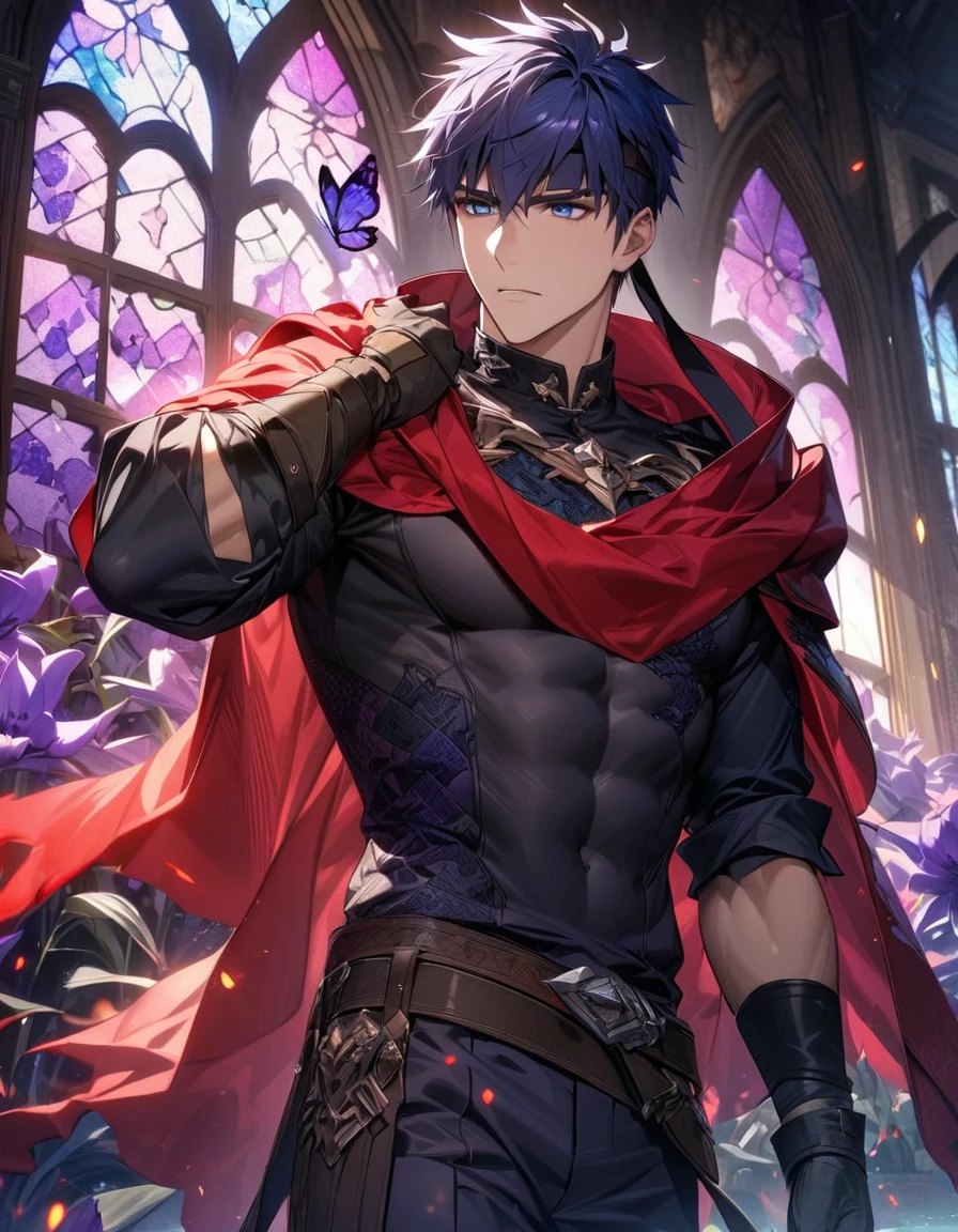 absurdres, highres, ultra detailed, HDR, master piece, best quality, Ike, dark blue hair, expressive blue eyes, Fire Emblem, solo, sexy man, handsome, red cape, black tight shirt, black gloves, patterns, toned chest, glass stained window, purple shining butterflies, purple lilies, purple petals, water