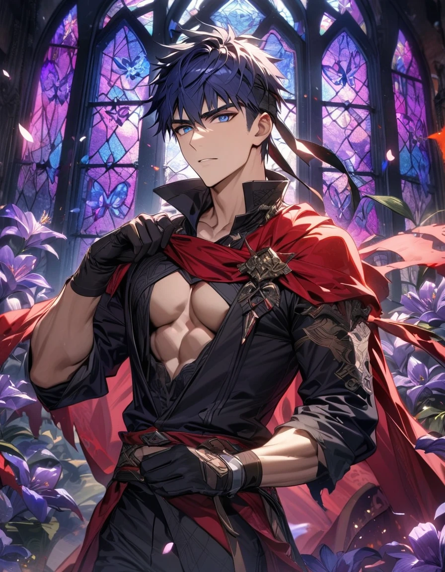 absurdres, highres, ultra detailed, HDR, master piece, best quality, Ike, dark blue hair, expressive blue eyes, Fire Emblem, solo, sexy man, handsome, red cape, black tight shirt, black gloves, patterns, toned chest, glass stained window, purple shining butterflies, purple lilies, purple petals, water