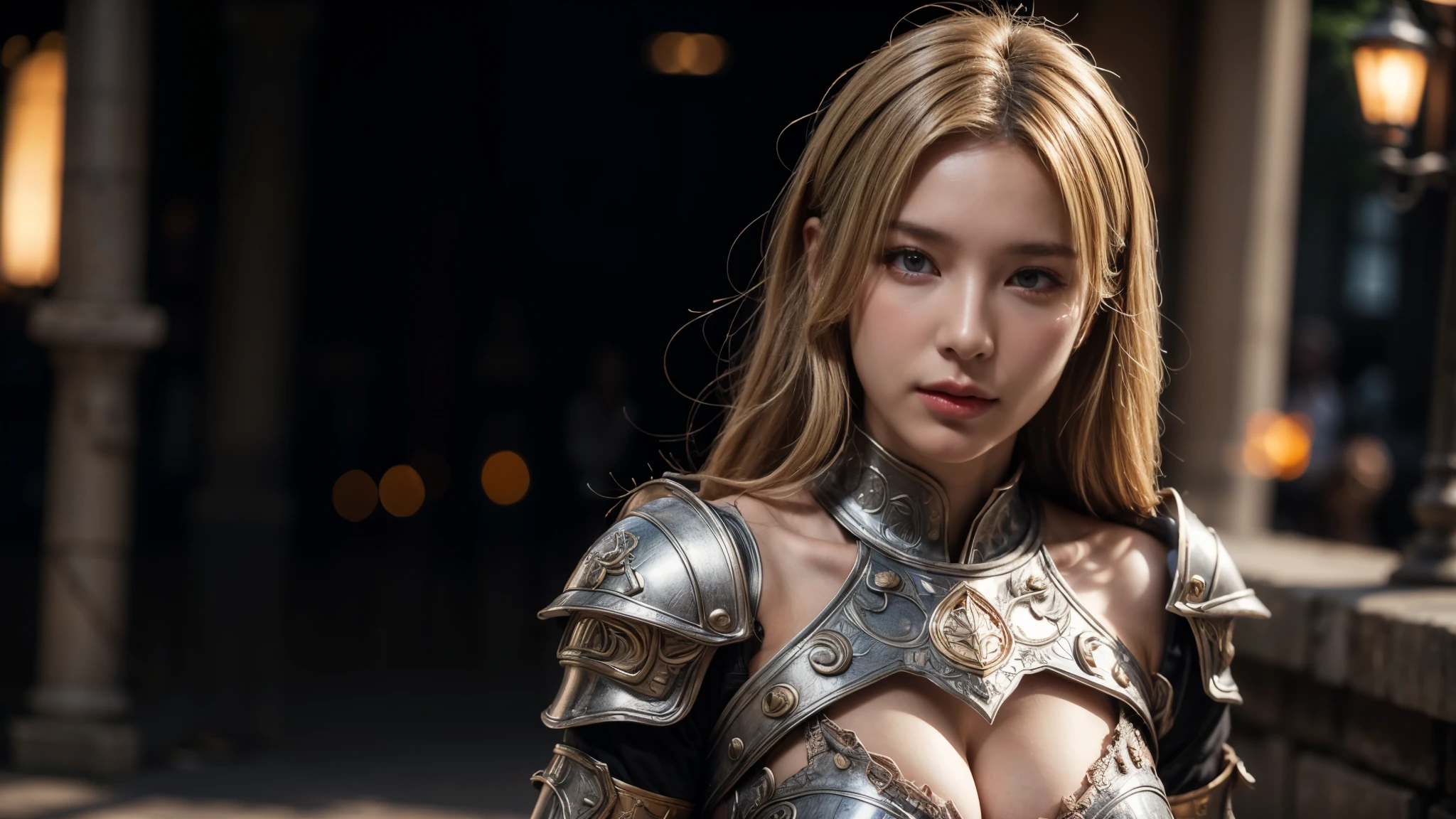 individual, Very beautiful blonde girl, Gorgeous armor，Complex patterns,, Very detailed,Large Breasts, Deadly Face, Mouth tightly shut，Sharp focus, The background is the remains of ancient civilization， Concept Art, Very detailed, Realistic, Octane Rendering, Unreal Engine, Depth of Field, Pentagonal Bokeh，dramatic，Half-length shot，Looking at the camera