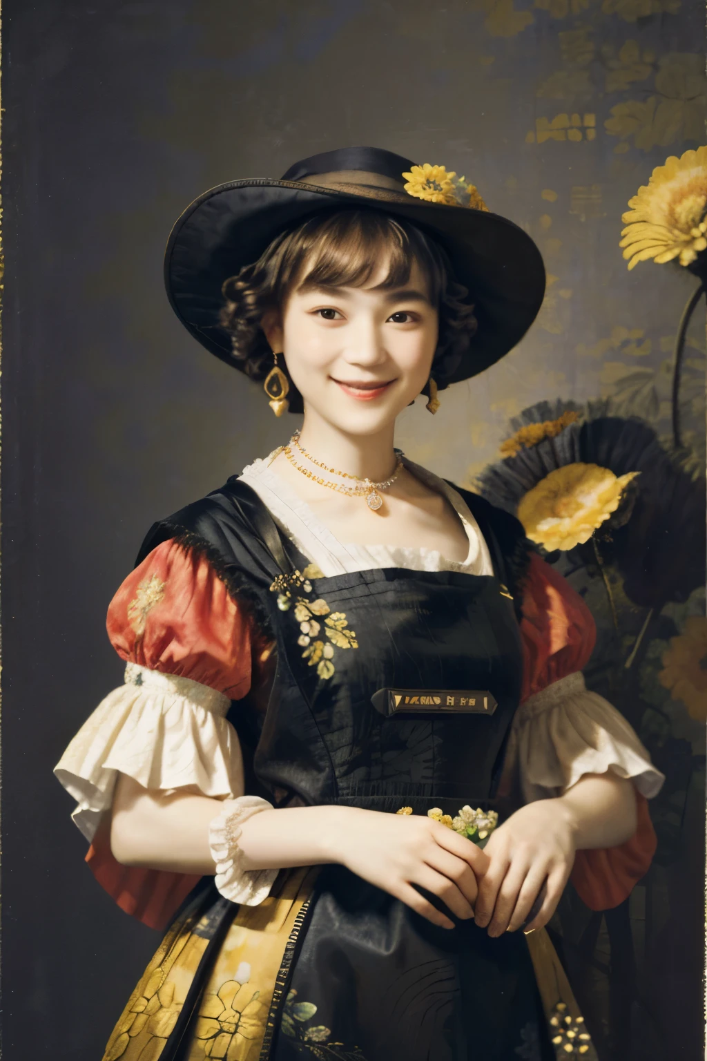 218 Short Hair, 20-year-old woman, A kind smile, Floral, (Colorful Dresses, Luxury palace), (Rembrandt painting)