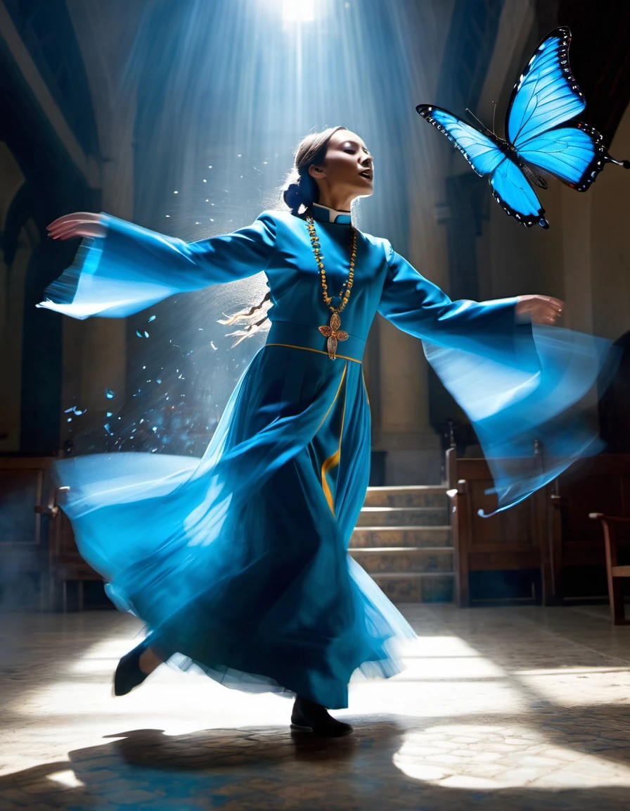 A priest dancing to call the blue butterfly coming near her. A motion blur and particle effect happens surround her.